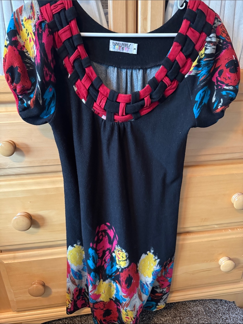 Funky People Black Top with Multicolor Embroidered Accents